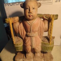 Chinese Polychrome Wood Carving of Boy Carrying Turtles