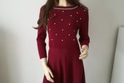 Red Burgundy knitted dress with pearls, size 12