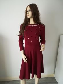 Red Burgundy knitted dress with pearls, size 12