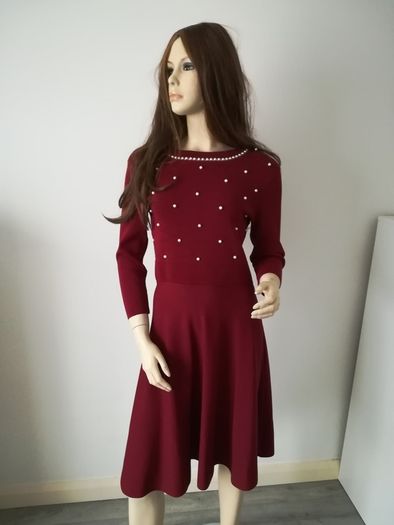 Red Burgundy knitted dress with pearls, size 12