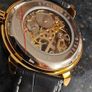 Skeleton Mechanical Watch Black & Gold Case with Black Leather Strap Image 5