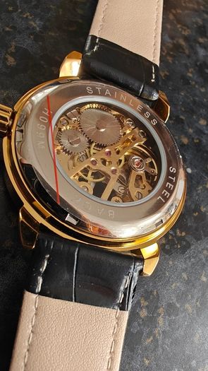 Skeleton Mechanical Watch Black & Gold Case with Black Leather Strap