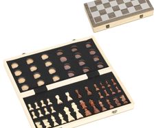 Foldable Games Set, Chess and Checkers, Compact Case, Walnut, Accessories