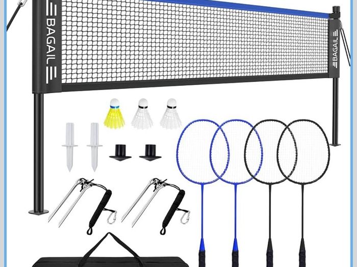 Outdoor Badminton Net Set with Anti-Sag Winch System - Official Size 6.1x1.55m, 4 Rackets, 3 Badminton Balls, Durable PE Net and Carrying Bag for Backyard, Beach and Family Games