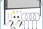 Outdoor Badminton Net Set with Anti-Sag Winch System - Official Size 6.1x1.55m, 4 Rackets, 3 Badminton Balls, Durable PE Net and Carrying Bag for Backyard, Beach and Family Games