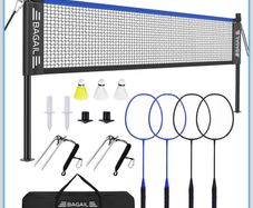 Outdoor Badminton Net Set with Anti-Sag Winch System - Official Size 6.1x1.55m, 4 Rackets, 3 Badminton Balls, Durable PE Net and Carrying Bag for Backyard, Beach and Family Games