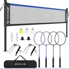 Outdoor Badminton Net Set with Anti-Sag Winch System - Official Size 6.1x1.55m, 4 Rackets, 3 Badminton Balls, Durable PE Net and Carrying Bag for Backyard, Beach and Family Games