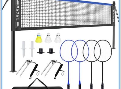 Outdoor Badminton Net Set with Anti-Sag Winch System - Official Size 6.1x1.55m, 4 Rackets, 3 Badminton Balls, Durable PE Net and Carrying Bag for Backyard, Beach and Family Games