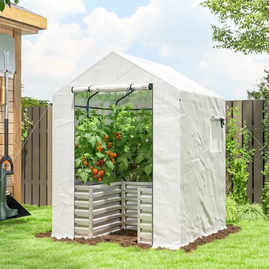 Tomato Greenhouse Film Greenhouse with Raised Bed Roll-up Door Window Sloped Roof 141 x 141 x 190 cm White