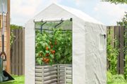 Tomato Greenhouse Film Greenhouse with Raised Bed Roll-up Door Window Sloped Roof 141 x 141 x 190 cm White