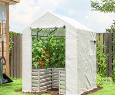 Tomato Greenhouse Film Greenhouse with Raised Bed Roll-up Door Window Sloped Roof 141 x 141 x 190 cm White