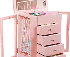 Musical Girls Jewellery Box with Spinning Dancer, 5 Layer Large Wooden Kids Music Box with Mirror, Jewelry Storage Box Gifts for Little Girls Christmas New Year Birthday Children's Day (Pink)