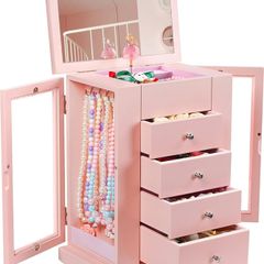 Musical Girls Jewellery Box with Spinning Dancer, 5 Layer Large Wooden Kids Music Box with Mirror, Jewelry Storage Box Gifts for Little Girls Christmas New Year Birthday Children's Day (Pink)