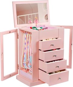 Musical Girls Jewellery Box with Spinning Dancer, 5 Layer Large Wooden Kids Music Box with Mirror, Jewelry Storage Box Gifts for Little Girls Christmas New Year Birthday Children's Day (Pink)