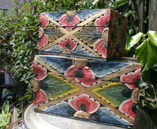 Vintage Two Carved Boxes Wooden Jewelry Hand Painted Handmade  Home Decor 10"x6" H 6" and 8,2"x4,5" H 4,2"