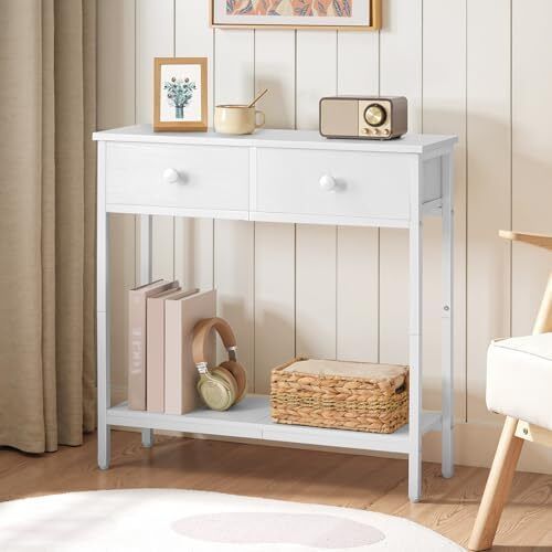 Slim Console Table, Narrow Console Table with 2 Drawers, Hallway Table with Storage, Small Side Table for Small Spaces, Living Room, Entryway, Kitchen, Bedroom, White