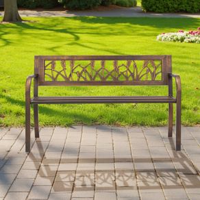 Outdoor Bench 127 cm Carbon Steel Metal Frame with PVC Floral Pattern Backrest and Round Edge Armrests