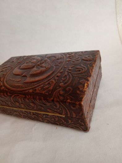 Vintage Tooled Leather Musical Cigar Box with Accessories