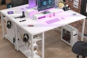 47 inch Gaming Desk with Power Outlets &amp; LED Lights, White Computer Desk with Ergonomic Monitor Stand, Sturdy Home Office Desk for Small Spaces, Carbon Fibre Texture, Study Table for Bedroom