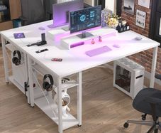 47 inch Gaming Desk with Power Outlets & LED Lights, White Computer Desk with Ergonomic Monitor Stand, Sturdy Home Office Desk for Small Spaces, Carbon Fibre Texture, Study Table for Bedroom