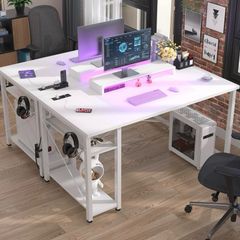 47 inch Gaming Desk with Power Outlets & LED Lights, White Computer Desk with Ergonomic Monitor Stand, Sturdy Home Office Desk for Small Spaces, Carbon Fibre Texture, Study Table for Bedroom