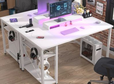 47 inch Gaming Desk with Power Outlets & LED Lights, White Computer Desk with Ergonomic Monitor Stand, Sturdy Home Office Desk for Small Spaces, Carbon Fibre Texture, Study Table for Bedroom