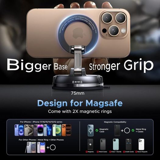 Magsafe Car Mount, 22xN55 and 80 LBS 2500gf Vacuum Magnetic Phone Holder with Adhesive Suction Cup, 360 Rotatable Car Phone Holder Compatible with iPhone 17 Pro Max Air 16 15 14 13 12