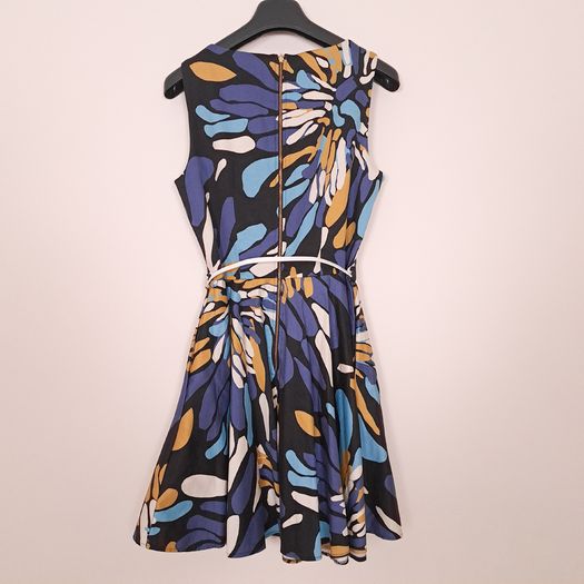Closet London Abstract Blue Navy Belted A-Line Skater Dress 12UK/40EU
