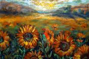 Vibrant Sunflower Field Art, Floral Canvas Painting 87x65cm