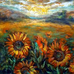 Vibrant Sunflower Field Art, Floral Canvas Painting 87x65cm