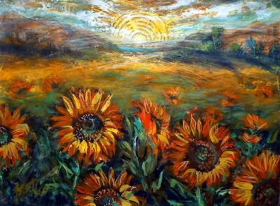 Vibrant Sunflower Field Art, Floral Canvas Painting 87x65cm
