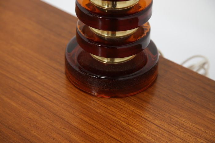 Vintage Swedish Amber Glass & Brass Table Lamp by MAE Lighting, 1960s.