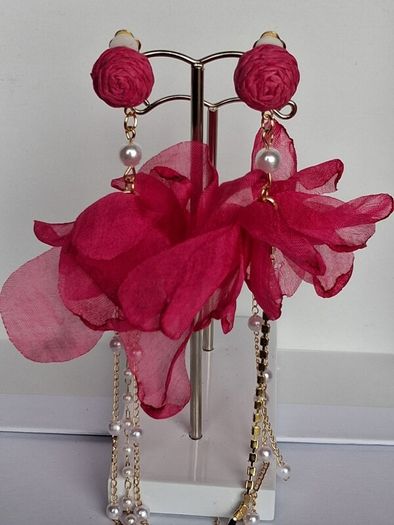 Fuchsia Pink Clip On Tassel Chain Crystal & Pearl Earrings