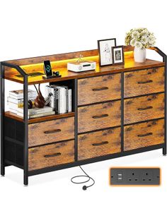 Chest of Drawers Bedroom, with LED Light trip with 10 Adjustable Colors and 2 USB and 2 AC Outlets
