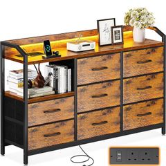 Chest of Drawers Bedroom, with LED Light trip with 10 Adjustable Colors and 2 USB and 2 AC Outlets
