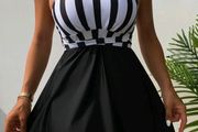 Striped Crisscross Tie Backless Bikini Swimsuit/Beach Dress