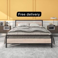King Size Bed Frame with Wood Headboard