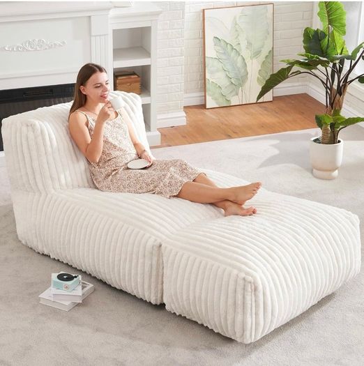 Adult Bean Bag Chairs with Memory Foam Lazy Sofa for Living Room White,Large,Soft Fabric,Ergonomic Back Support,Lightweight,Easy Clean,No Assembly,Wear-resisting,,Well-looking