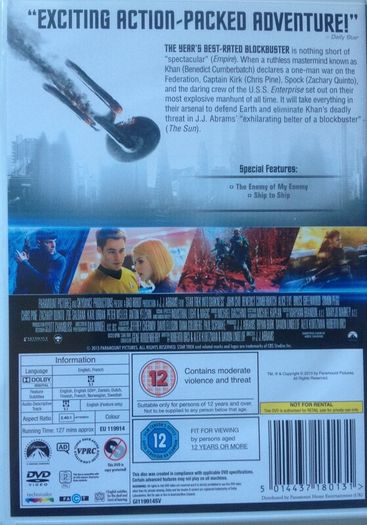 Star Trek: Into Darkness [2013] Chris Pine, Zachary Quinto, Simon Pegg, Karl Urban, Zoe Saldana, John Cho, Anton Yelchin, Bruce Greenwood, Leonard Nimoy Benedict Cumberbatch, Alice Eve & Peter Weller  [Movie DVD]