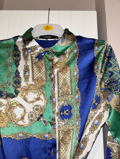 Misspap green,white,blue and gold silk like shirt dress