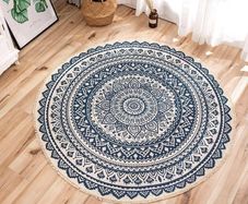 Round Rugs 120cm Cotton Area Rug Machine Washable Hand Woven Tassels Carpet Chic Bohemian Pattern Floor Mats for Bedroom Living Room Sofa Coffee Table Swing Chair Bed Side, Navy Blue