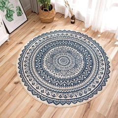 Round Rugs 120cm Cotton Area Rug Machine Washable Hand Woven Tassels Carpet Chic Bohemian Pattern Floor Mats for Bedroom Living Room Sofa Coffee Table Swing Chair Bed Side, Navy Blue