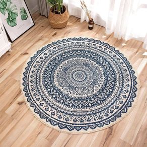 Round Rugs 120cm Cotton Area Rug Machine Washable Hand Woven Tassels Carpet Chic Bohemian Pattern Floor Mats for Bedroom Living Room Sofa Coffee Table Swing Chair Bed Side, Navy Blue