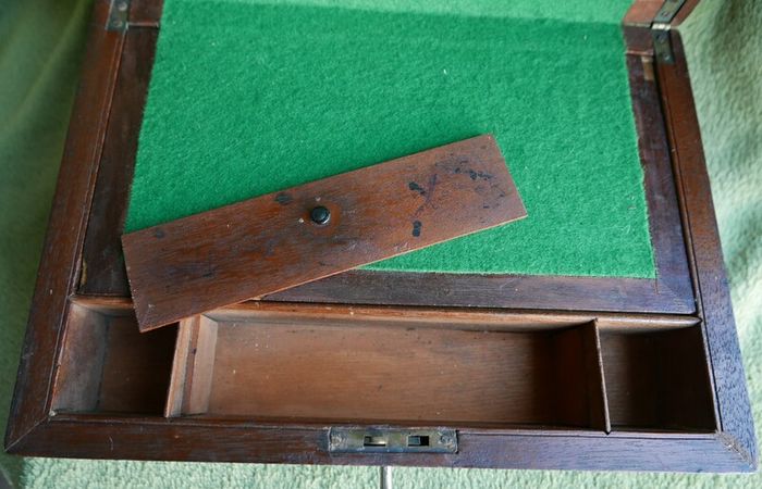 Antique 1800s Wood Folding Portable Travel Writing Lap Desk Campaign Box Case Key
