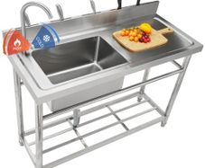 Utility Sink, 1 Compartment Free Standing Small Sink w/Workbench Faucet & legs, 100.1 x 48.5 x 95 cm