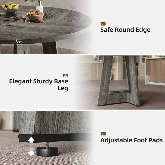 Round Dining Table for 4-6 People, Grey Kitchen Table, 120CM Farmhouse Dinning Tables, Wooden Stylish Dining Tables, No Shaking, for Kitchen and Living Room, Easy to Assemble (only table)
