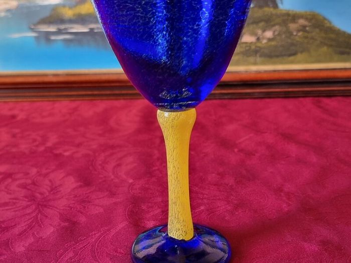 Murano Style Cobalt Blue And Yellow Glass Stemmed Goblet