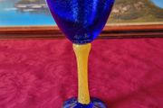 Murano Style Cobalt Blue And Yellow Glass Stemmed Goblet