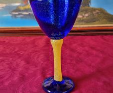 Murano Style Cobalt Blue And Yellow Glass Stemmed Goblet