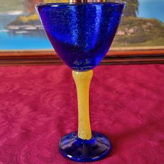 Murano Style Cobalt Blue And Yellow Glass Stemmed Goblet